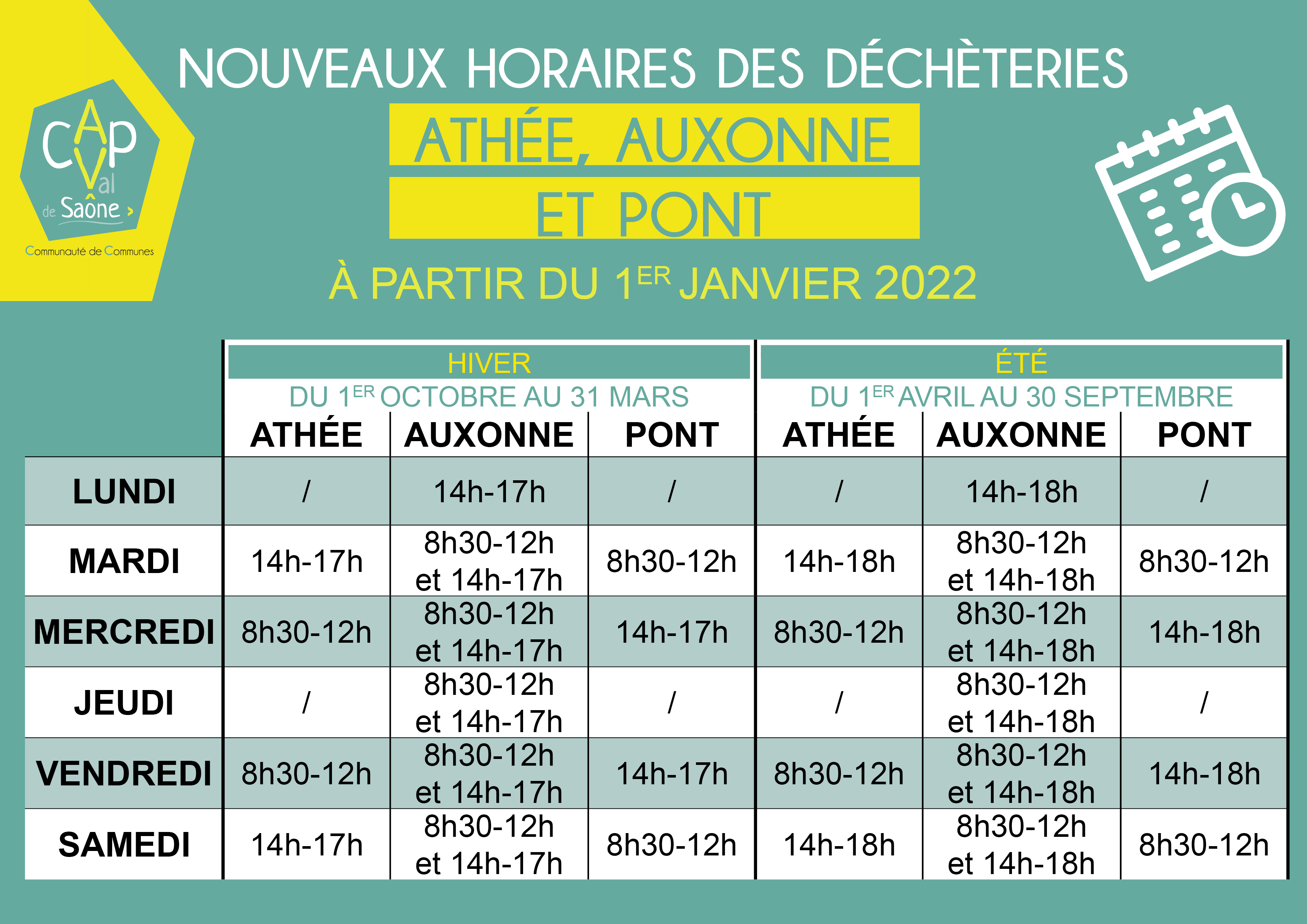 2022 horaires déchèteries Athée Auxonne Pont